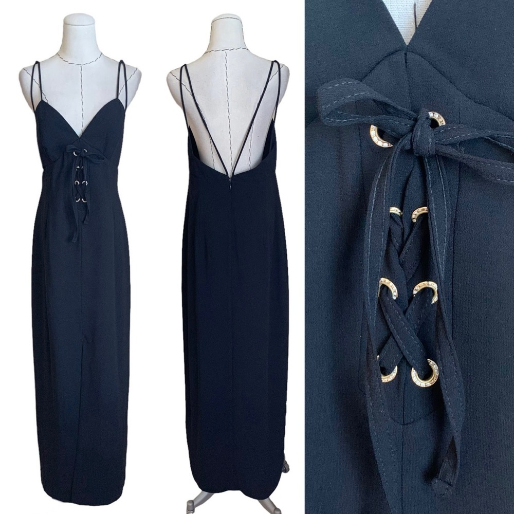 Vintage 90s CDC Black Maxi Dress Gown Rhinestone Lace Up Party Cocktail